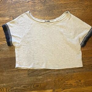 Copper Key Women's Beige Knit Solid Cropped Fringe Trim Round Neck Tee M